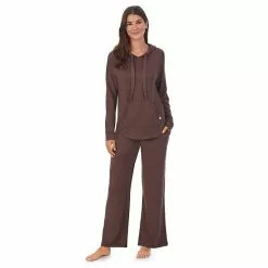 Women's Koolaburra By UGG Sweater Knit Pajama Top & Wide Leg Pajama Pants Set Olive - LARGE, Brown